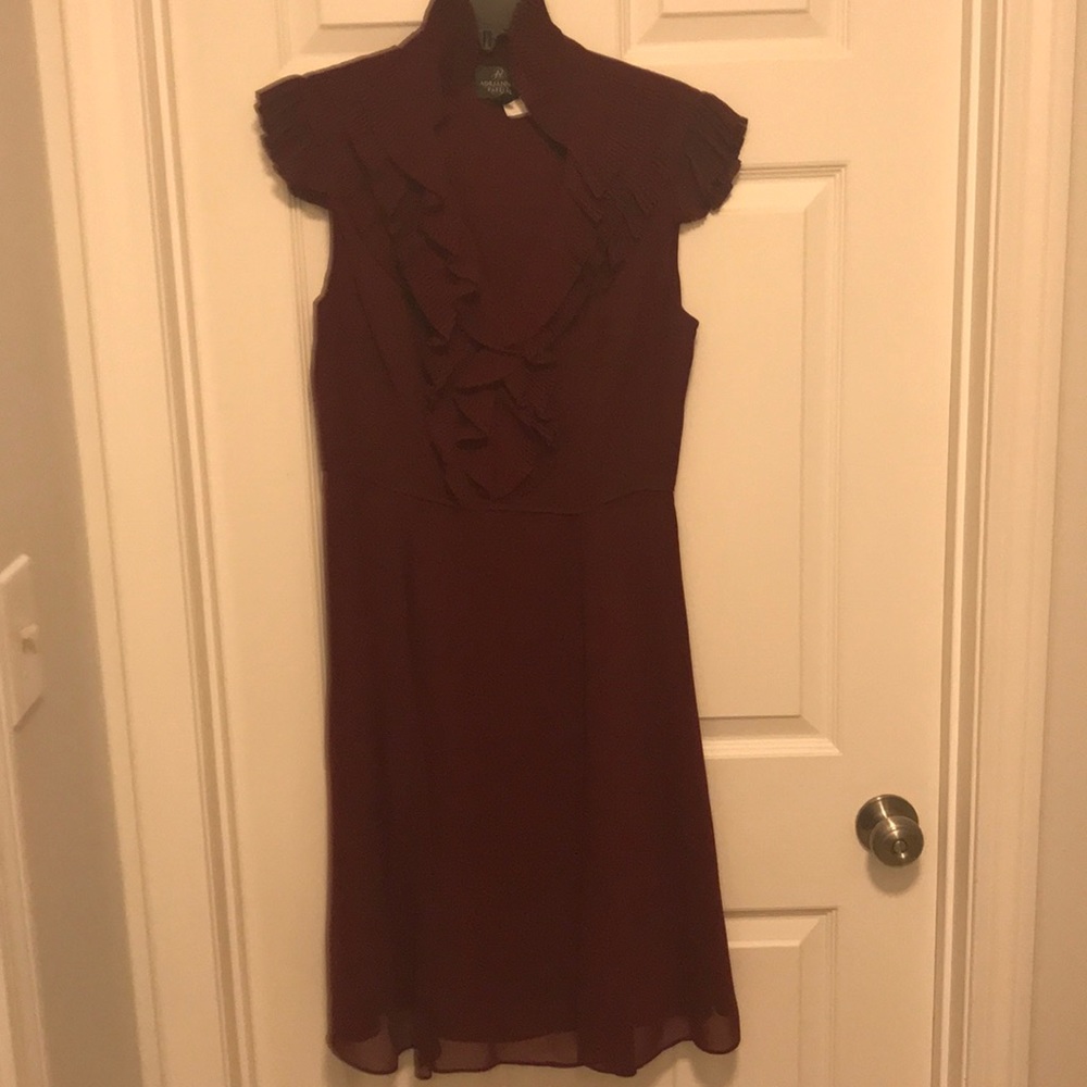 Adrianna Pappell merlot dress w/pleats hi-neck